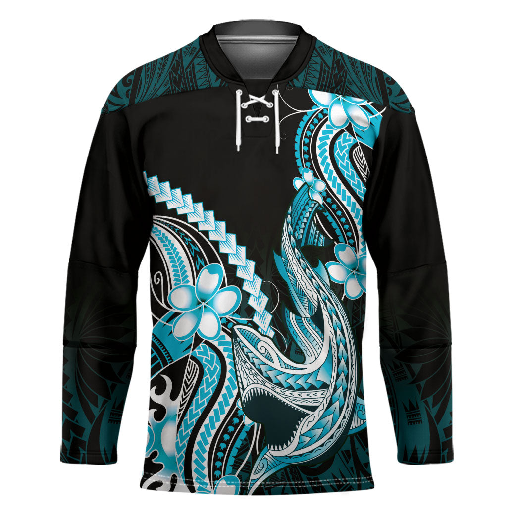 Blue Black Aloha Hawaii Hockey Jersey Polynesian Shark Tattoo Plumeria