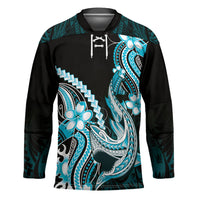 Blue Black Aloha Hawaii Hockey Jersey Polynesian Shark Tattoo Plumeria