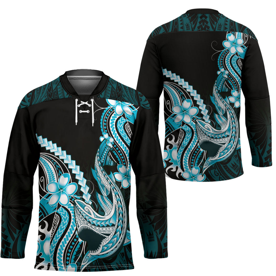 Blue Black Aloha Hawaii Hockey Jersey Polynesian Shark Tattoo Plumeria