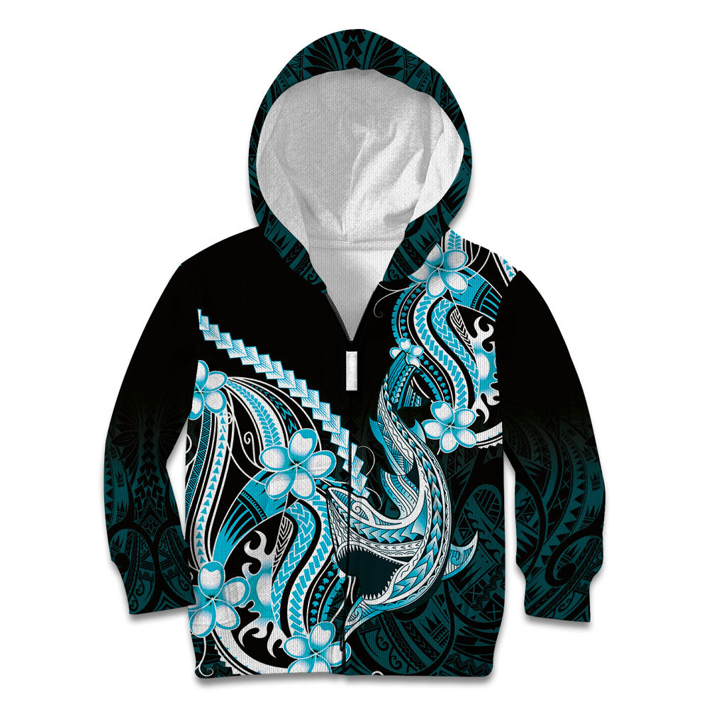 Blue Black Aloha Hawaii Kid Hoodie Polynesian Shark Tattoo Plumeria