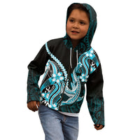 Blue Black Aloha Hawaii Kid Hoodie Polynesian Shark Tattoo Plumeria
