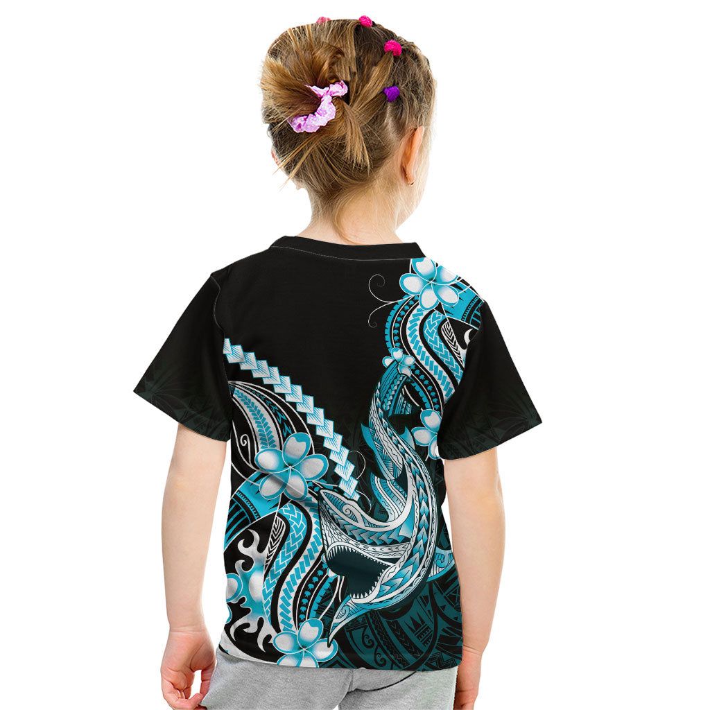 Blue Black Aloha Hawaii Kid T Shirt Polynesian Shark Tattoo Plumeria