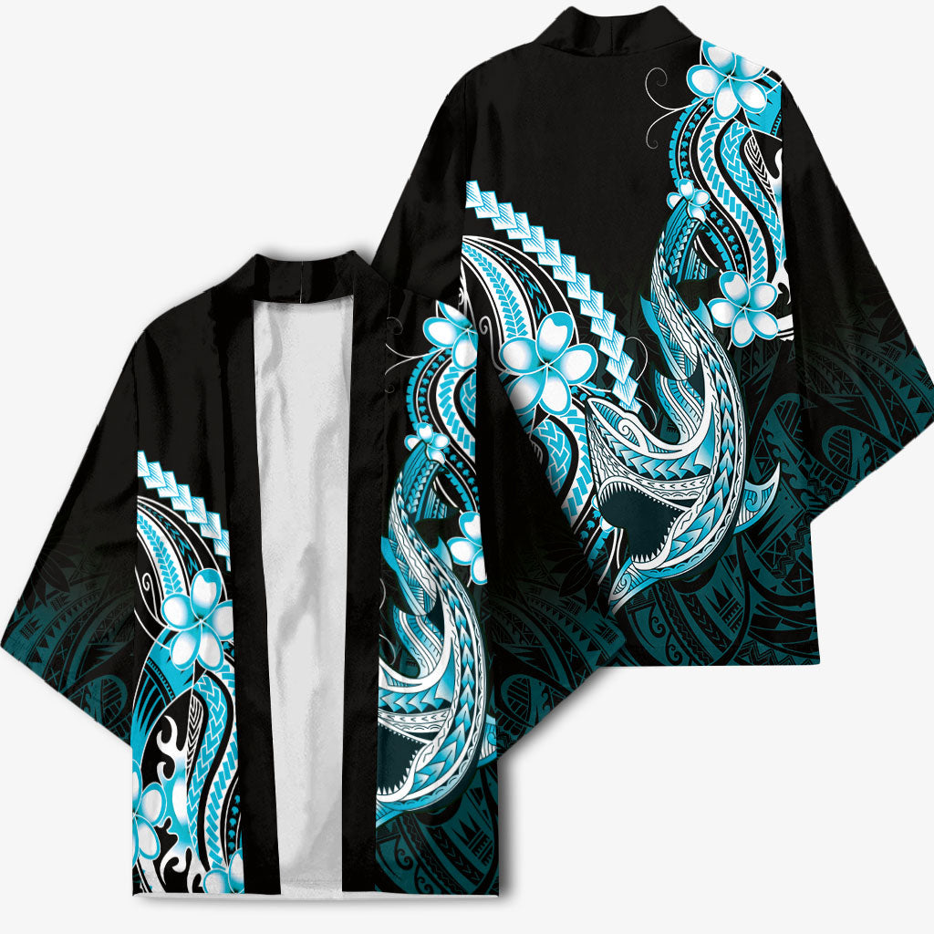 Blue Black Aloha Hawaii Kimono Polynesian Shark Tattoo Plumeria