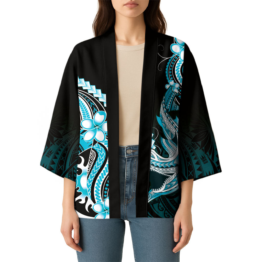 Blue Black Aloha Hawaii Kimono Polynesian Shark Tattoo Plumeria