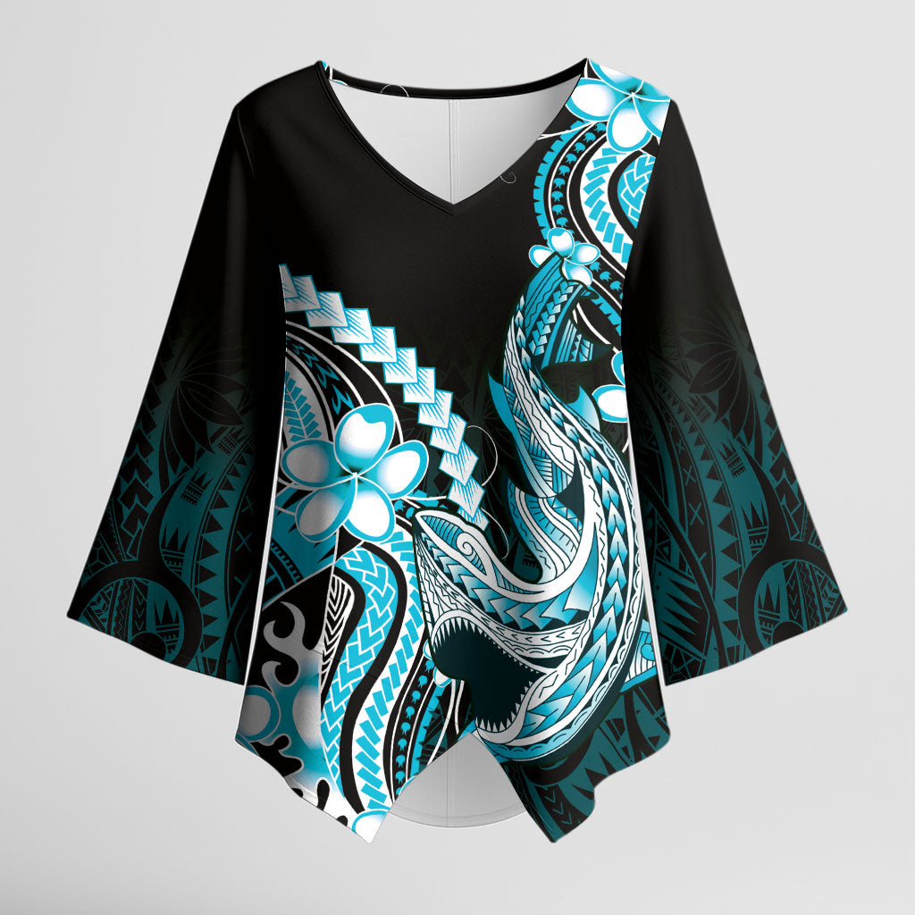 Blue Black Aloha Hawaii Kimono Sleeve Blouse Polynesian Shark Tattoo Plumeria LT14 Female Blue - Polynesian Pride