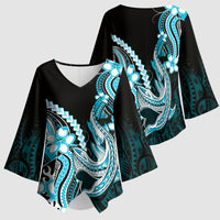 Blue Black Aloha Hawaii Kimono Sleeve Blouse Polynesian Shark Tattoo Plumeria