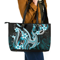 Blue Black Aloha Hawaii Leather Tote Bag Polynesian Shark Tattoo Plumeria
