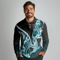 Blue Black Aloha Hawaii Long Sleeve Polo Shirt Polynesian Shark Tattoo Plumeria