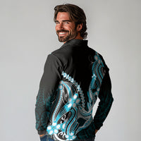 Blue Black Aloha Hawaii Long Sleeve Polo Shirt Polynesian Shark Tattoo Plumeria