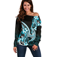Blue Black Aloha Hawaii Off Shoulder Sweater Polynesian Shark Tattoo Plumeria