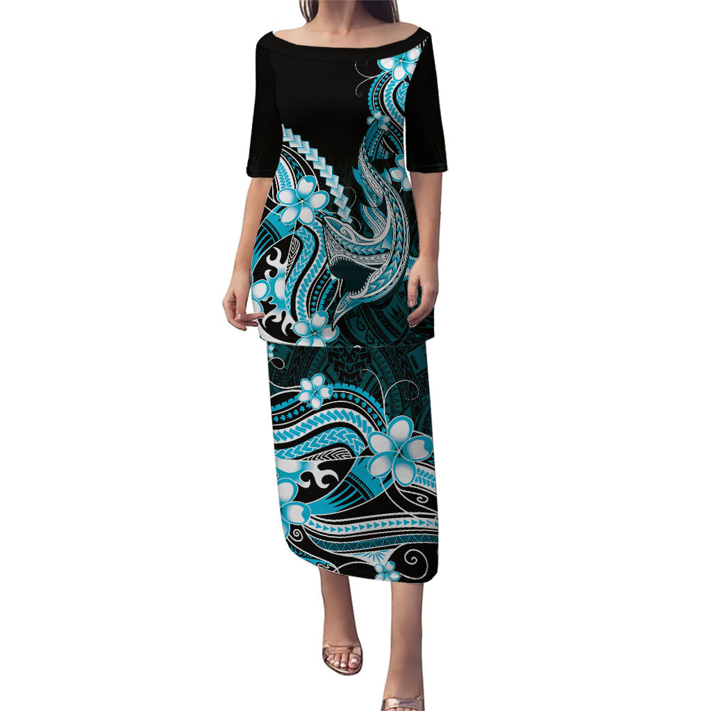 Blue Black Aloha Hawaii Puletasi Polynesian Shark Tattoo Plumeria LT14 Long Dress Blue - Polynesian Pride