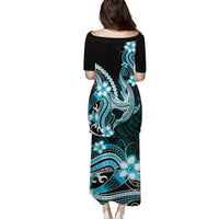 Blue Black Aloha Hawaii Puletasi Polynesian Shark Tattoo Plumeria