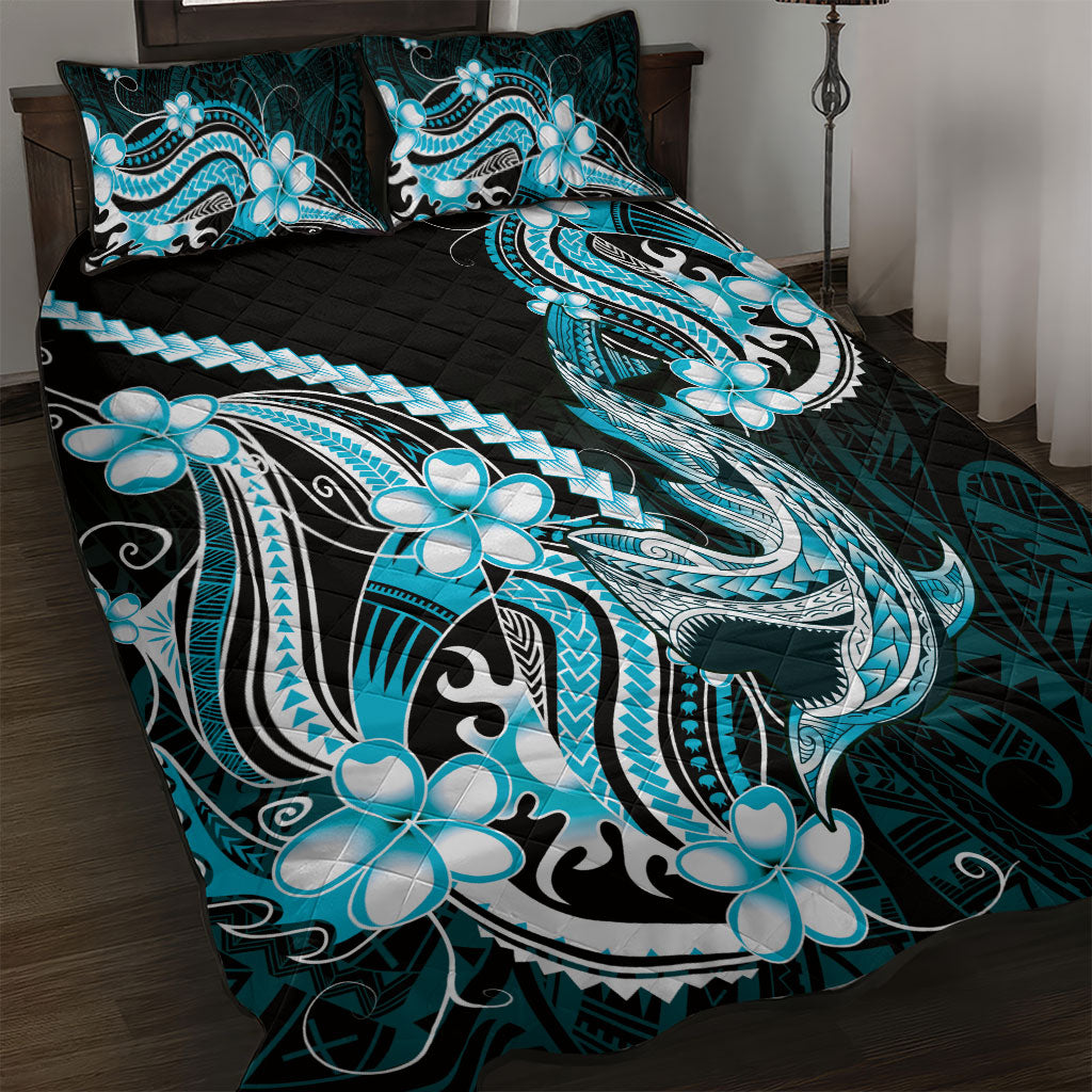 Blue Black Aloha Hawaii Quilt Bed Set Polynesian Shark Tattoo Plumeria LT14 Blue - Polynesian Pride
