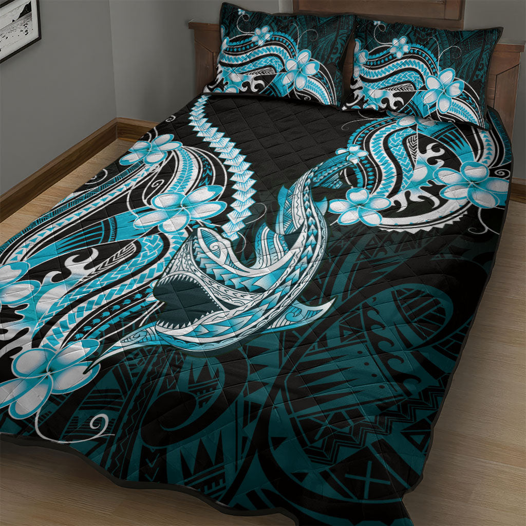 Blue Black Aloha Hawaii Quilt Bed Set Polynesian Shark Tattoo Plumeria