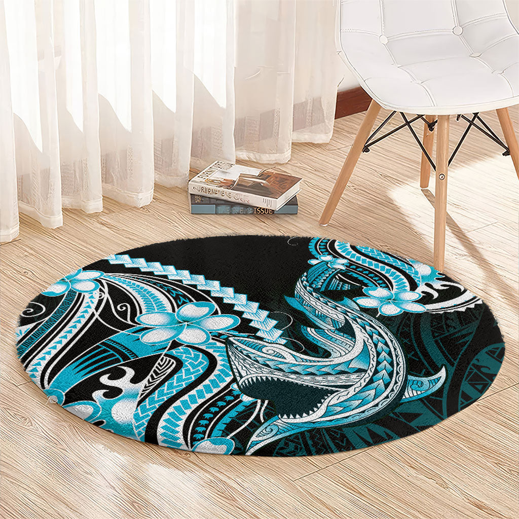 Blue Black Aloha Hawaii Round Carpet Polynesian Shark Tattoo Plumeria