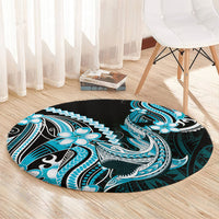 Blue Black Aloha Hawaii Round Carpet Polynesian Shark Tattoo Plumeria