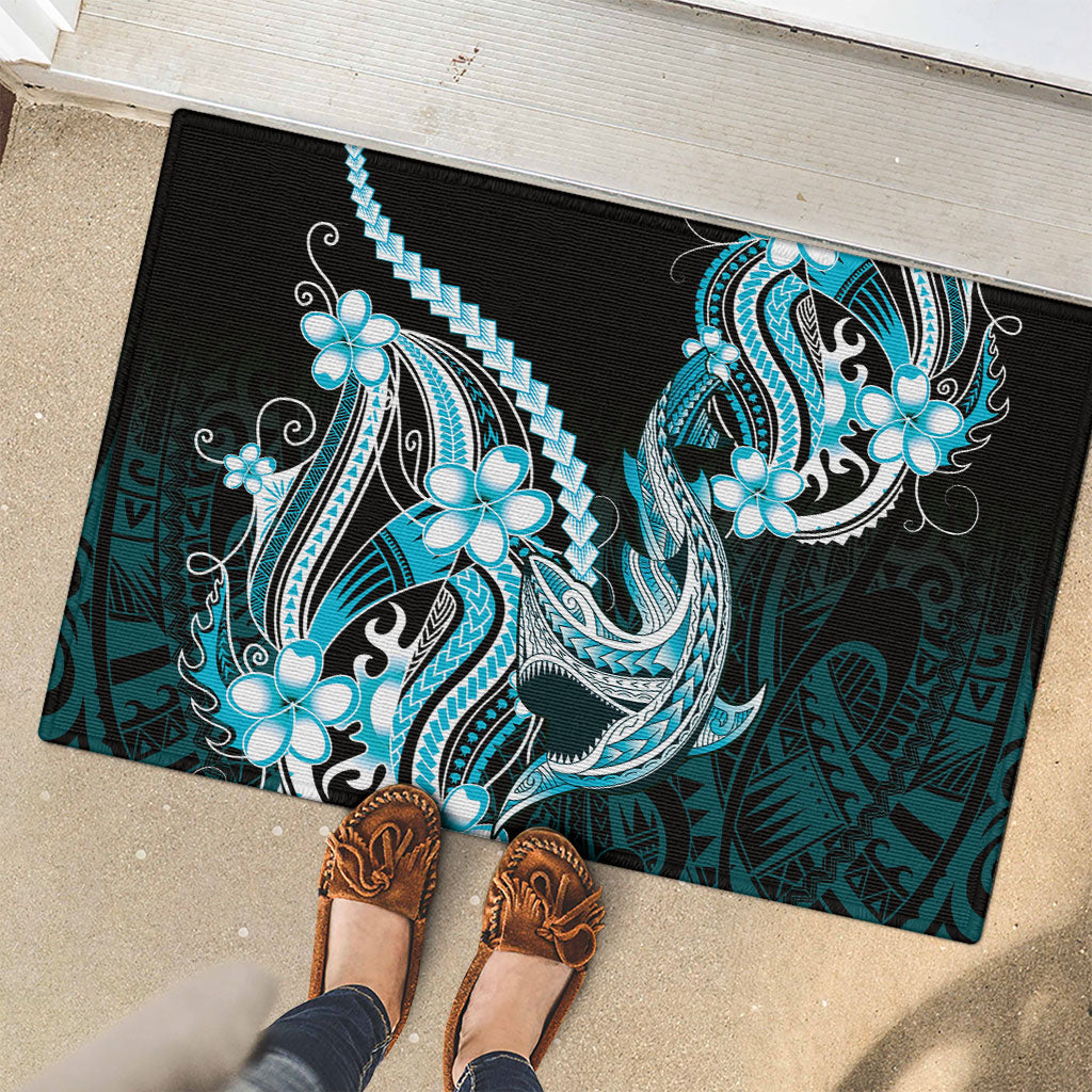 Blue Black Aloha Hawaii Rubber Doormat Polynesian Shark Tattoo Plumeria