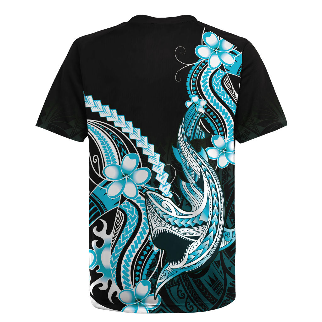 Blue Black Aloha Hawaii Rugby Jersey Polynesian Shark Tattoo Plumeria