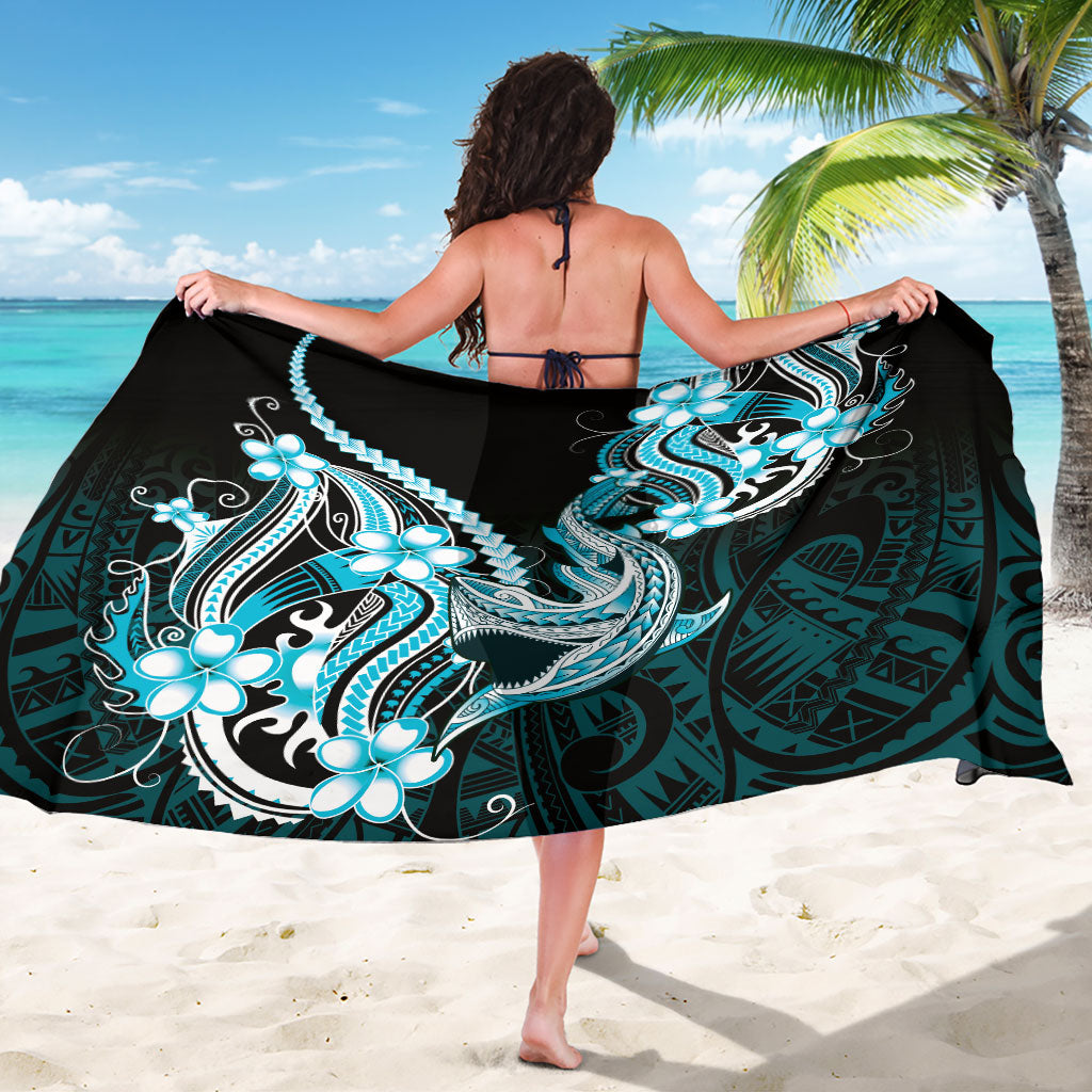 Blue Black Aloha Hawaii Sarong Polynesian Shark Tattoo Plumeria