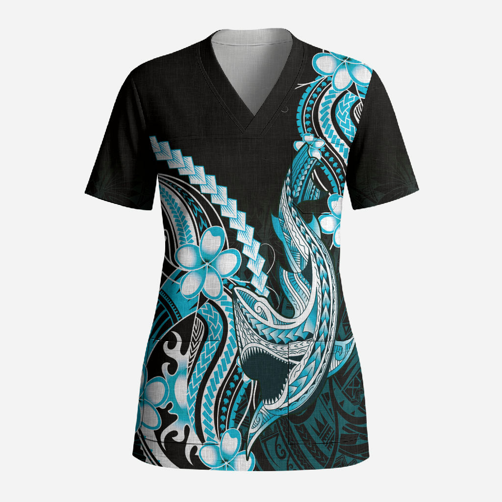Blue Black Aloha Hawaii Scrub Top Polynesian Shark Tattoo Plumeria LT14 Adult Blue - Polynesian Pride