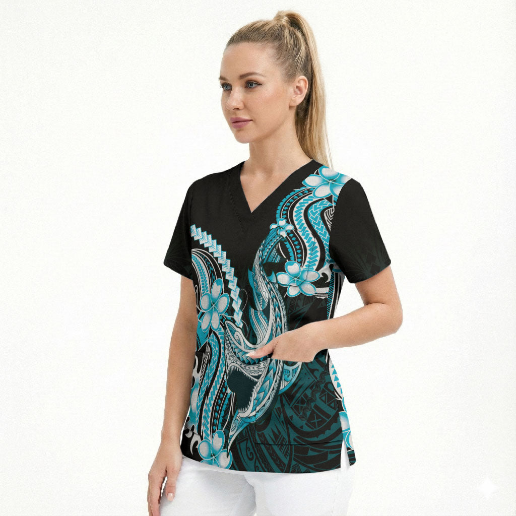 Blue Black Aloha Hawaii Scrub Top Polynesian Shark Tattoo Plumeria