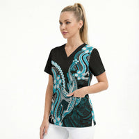 Blue Black Aloha Hawaii Scrub Top Polynesian Shark Tattoo Plumeria