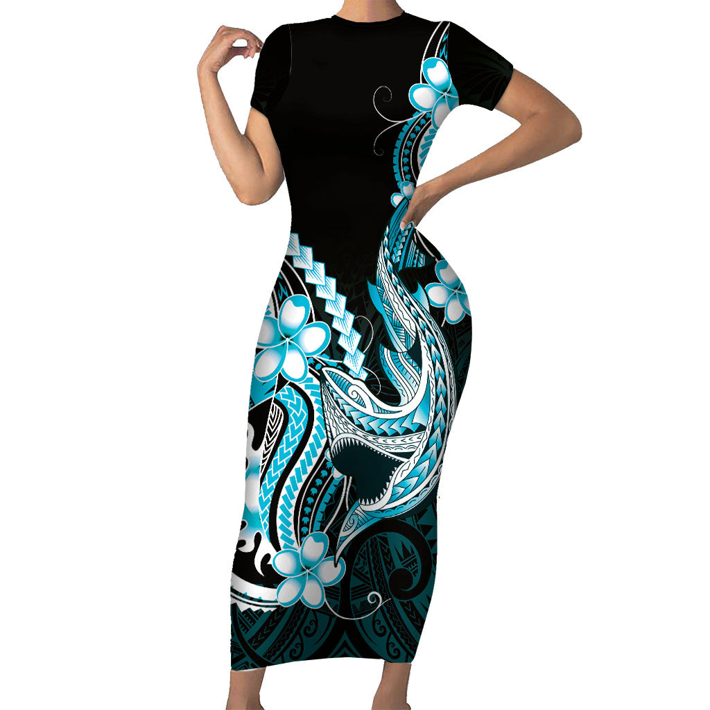 Blue Black Aloha Hawaii Short Sleeve Bodycon Dress Polynesian Shark Tattoo Plumeria LT14 Long Dress Blue - Polynesian Pride
