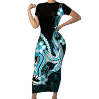 Blue Black Aloha Hawaii Short Sleeve Bodycon Dress Polynesian Shark Tattoo Plumeria