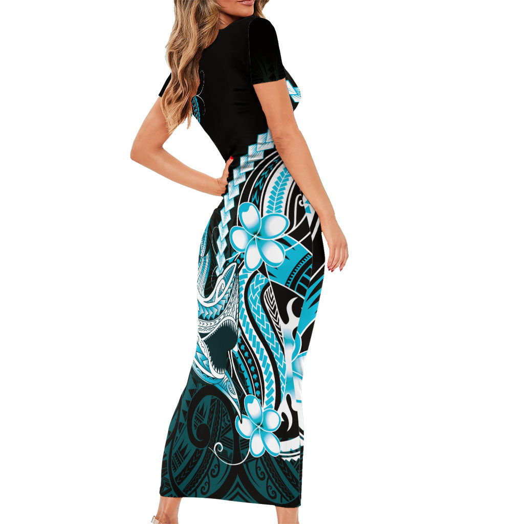 Blue Black Aloha Hawaii Short Sleeve Bodycon Dress Polynesian Shark Tattoo Plumeria