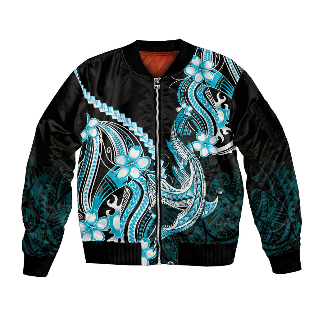 Blue Black Aloha Hawaii Sleeve Zip Bomber Jacket Polynesian Shark Tattoo Plumeria