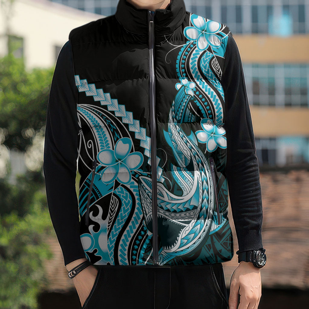 Blue Black Aloha Hawaii Sleeveless Puffer Jacket Polynesian Shark Tattoo Plumeria