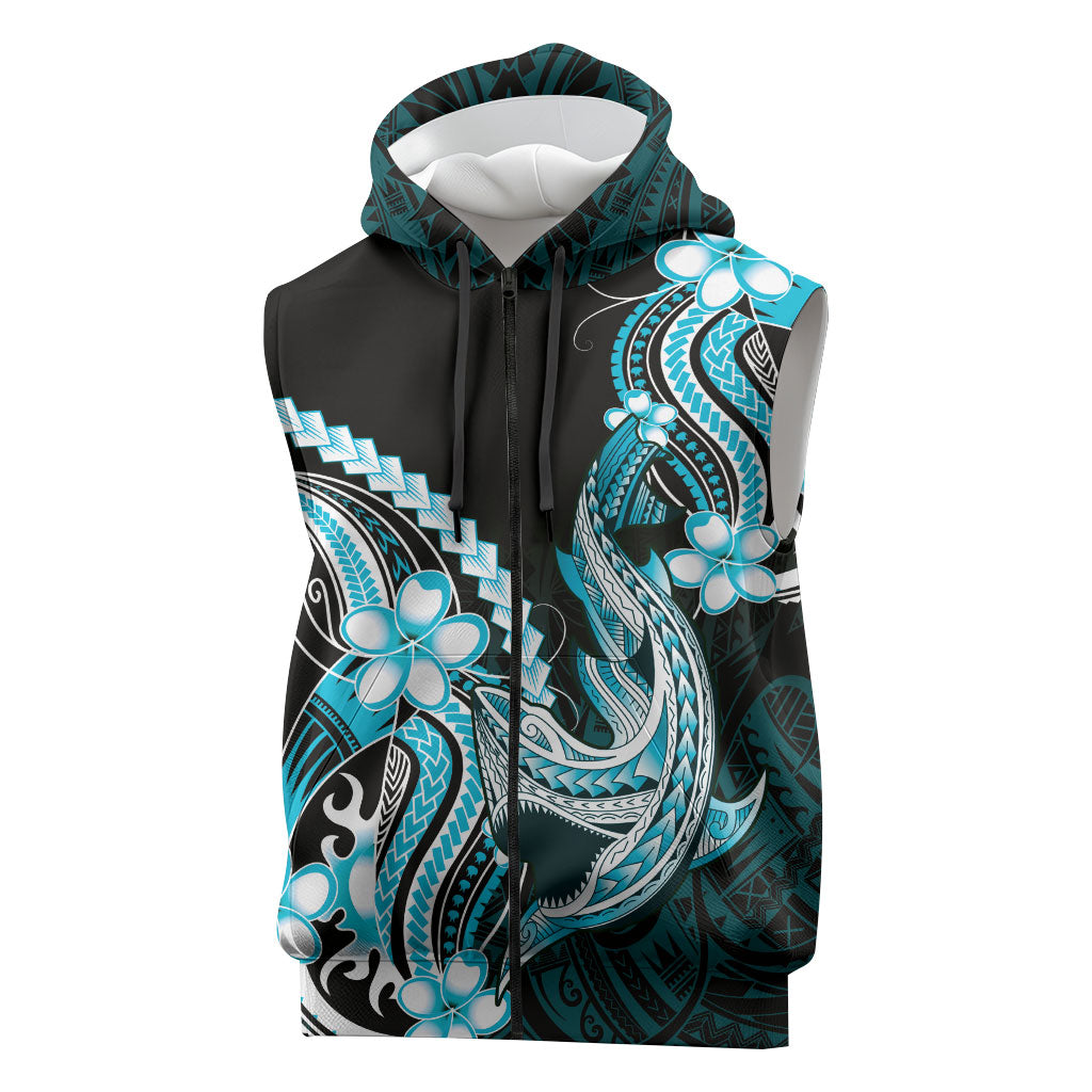 Blue Black Aloha Hawaii Sleeveless Zip Hoodie Polynesian Shark Tattoo Plumeria LT14 Blue - Polynesian Pride