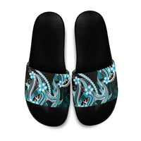 Blue Black Aloha Hawaii Slide Sandals Polynesian Shark Tattoo Plumeria
