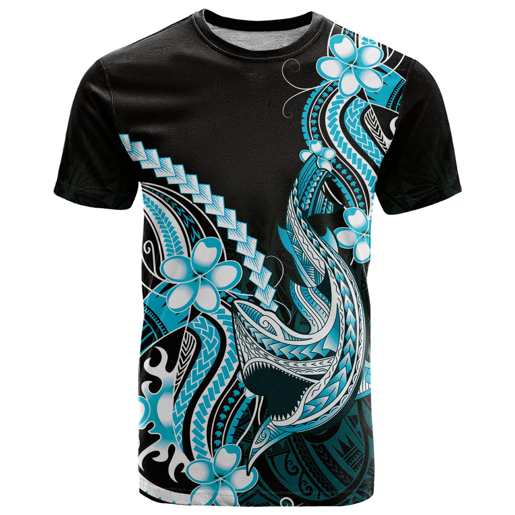 Blue Black Aloha Hawaii T Shirt Polynesian Shark Tattoo Plumeria