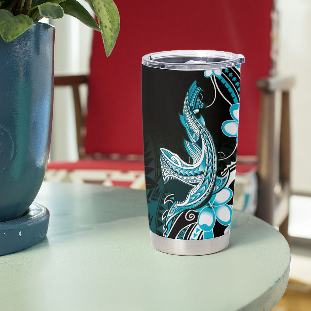 Blue Black Aloha Hawaii Tumbler Cup Polynesian Shark Tattoo Plumeria