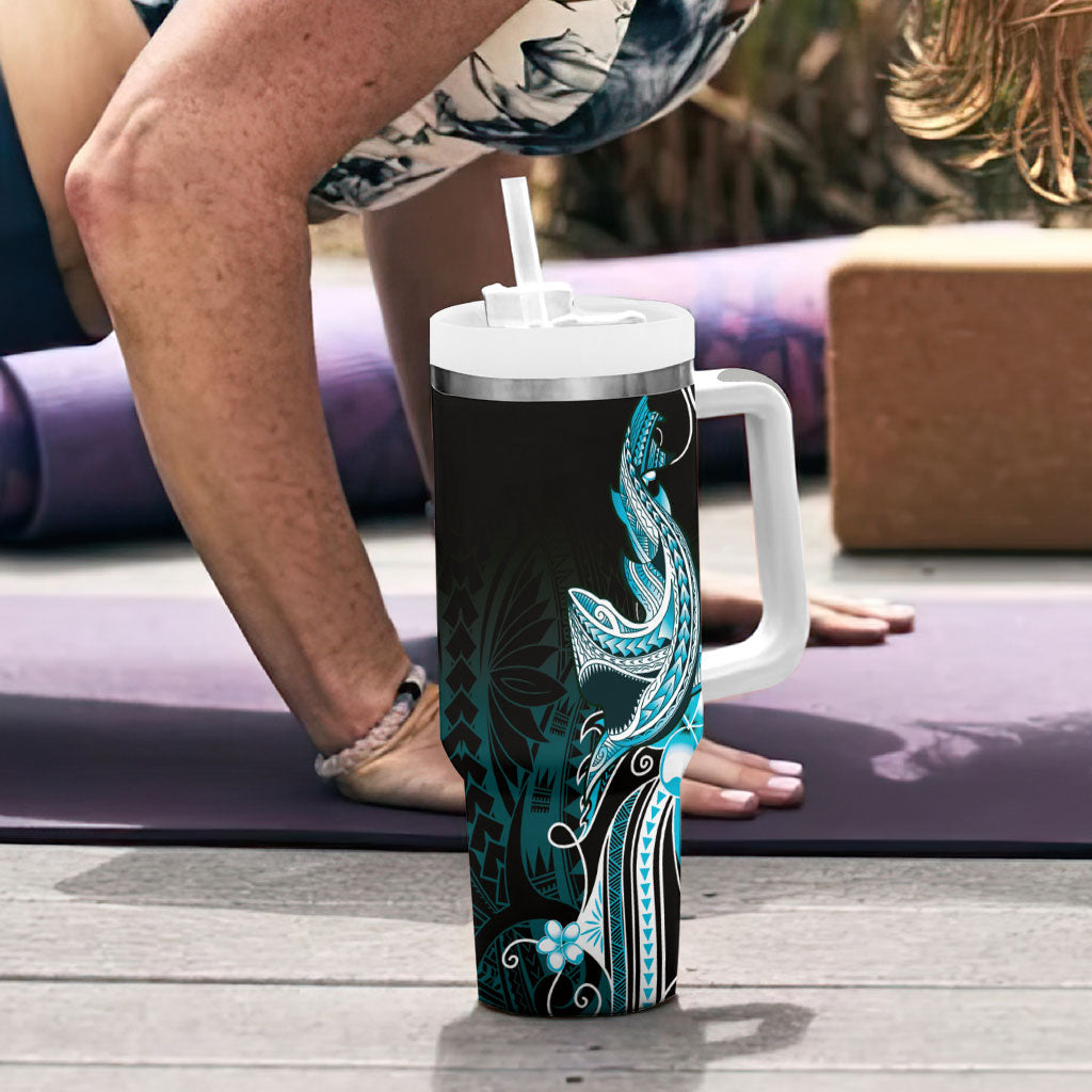 Blue Black Aloha Hawaii Tumbler With Handle Polynesian Shark Tattoo Plumeria