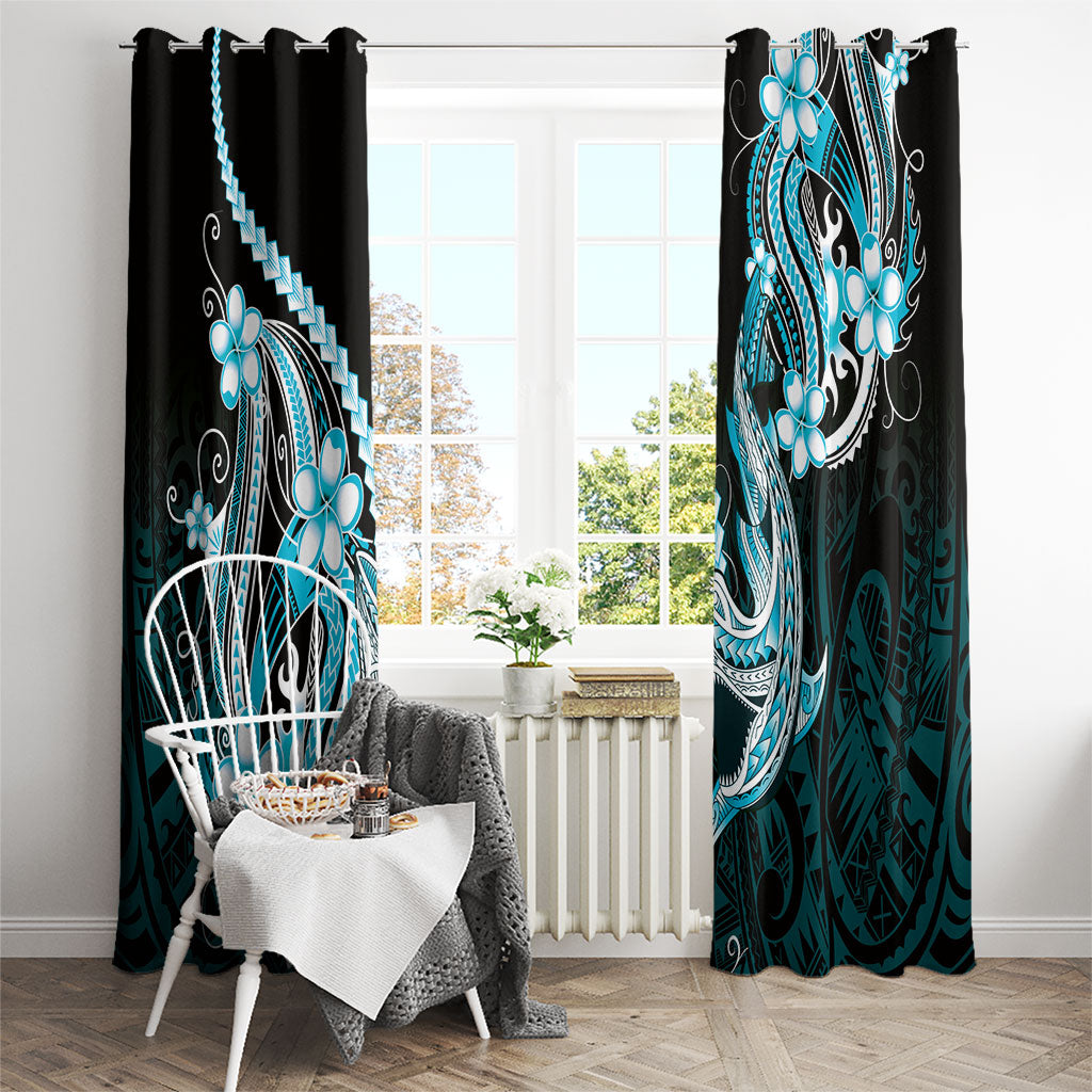Blue Black Aloha Hawaii Window Curtain Polynesian Shark Tattoo Plumeria