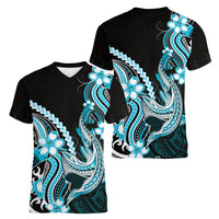 Blue Black Aloha Hawaii Women V-Neck T-Shirt Polynesian Shark Tattoo Plumeria