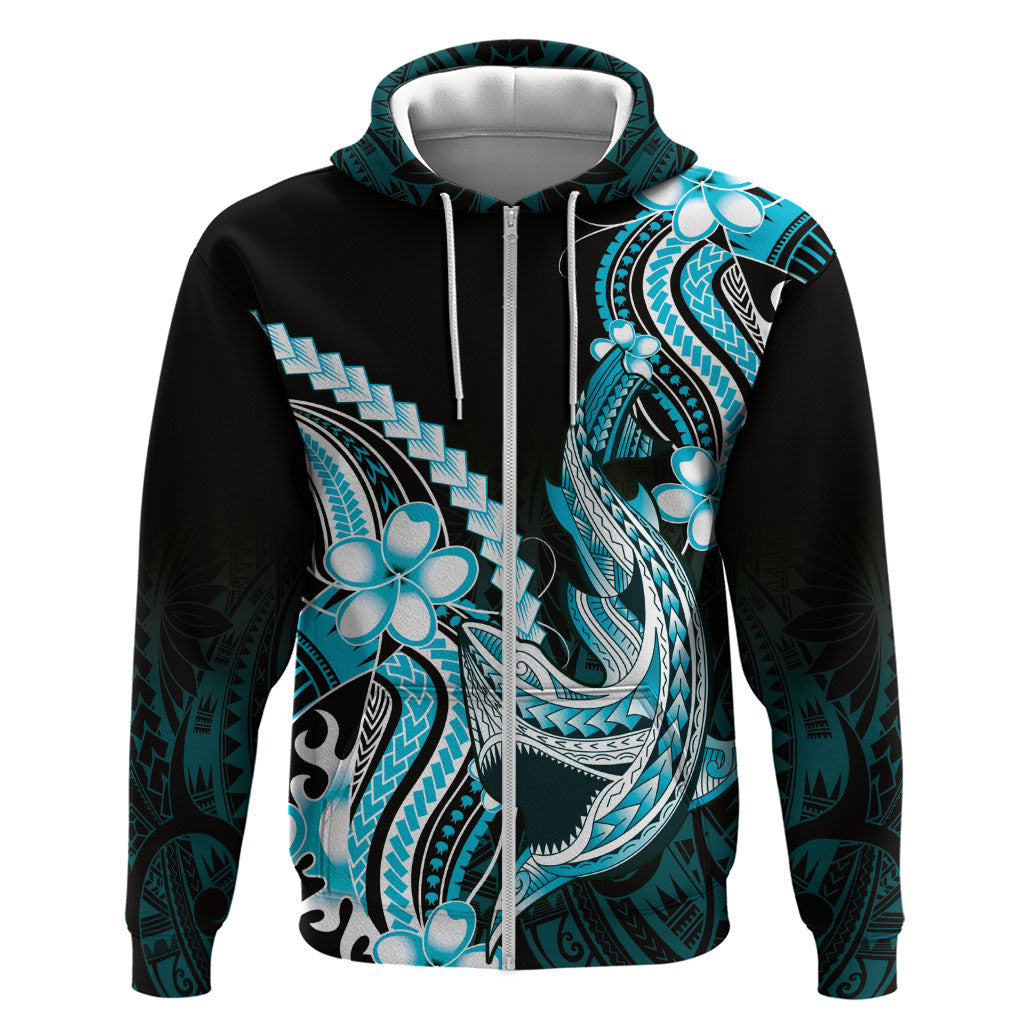 Blue Black Aloha Hawaii Zip Hoodie Polynesian Shark Tattoo Plumeria