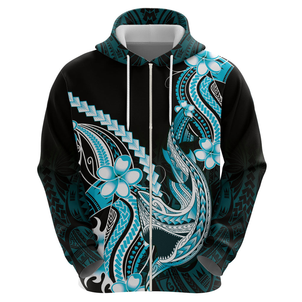 Blue Black Aloha Hawaii Zip Hoodie Polynesian Shark Tattoo Plumeria