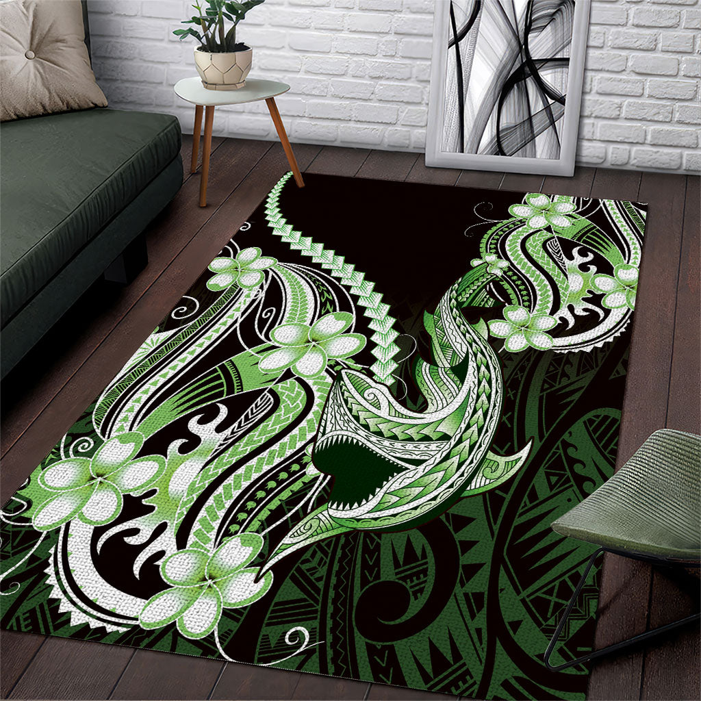 Green Black Aloha Hawaii Area Rug Polynesian Shark Tattoo Plumeria