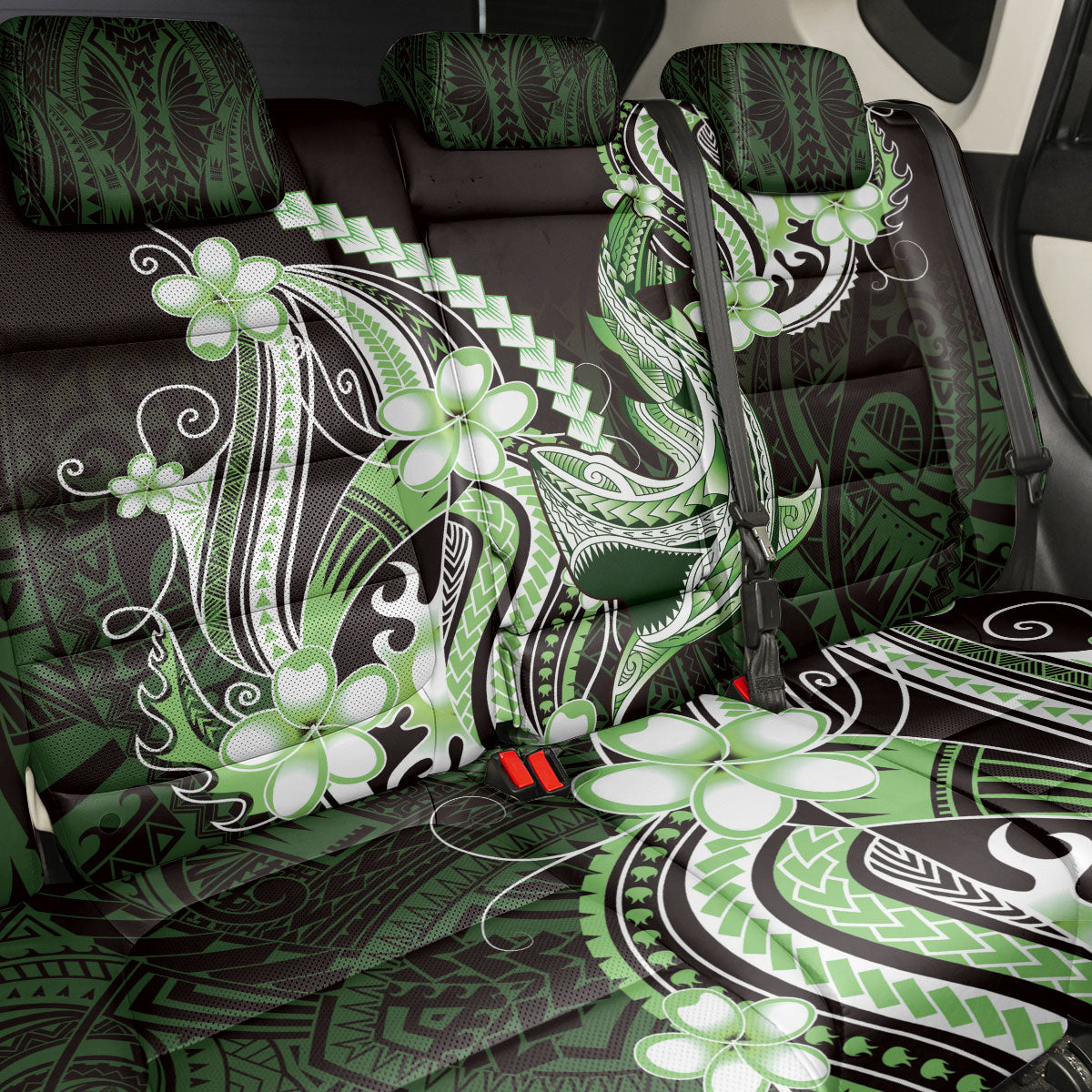 Green Black Aloha Hawaii Back Car Seat Cover Polynesian Shark Tattoo Plumeria