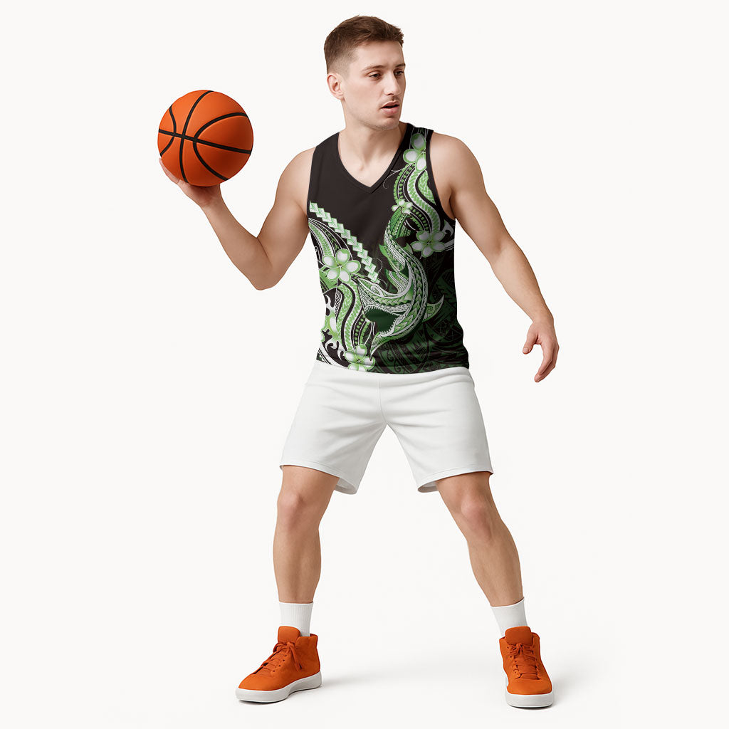 Green Black Aloha Hawaii Basketball Jersey Polynesian Shark Tattoo Plumeria