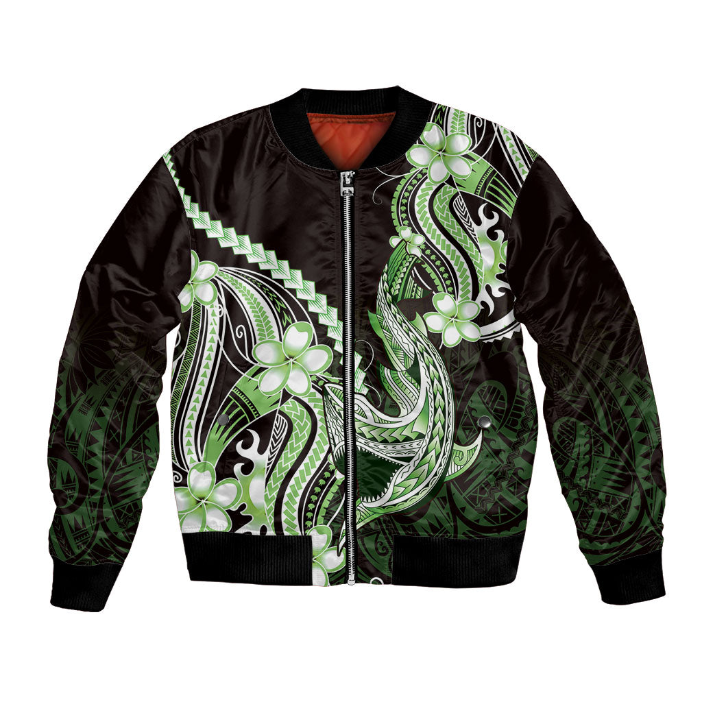 Green Black Aloha Hawaii Bomber Jacket Polynesian Shark Tattoo Plumeria