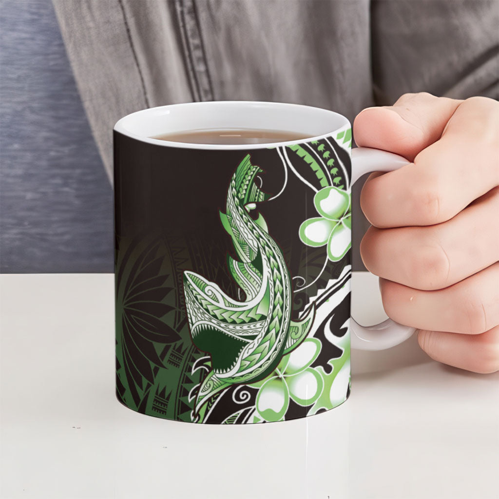 Green Black Aloha Hawaii Ceramic Mug Polynesian Shark Tattoo Plumeria
