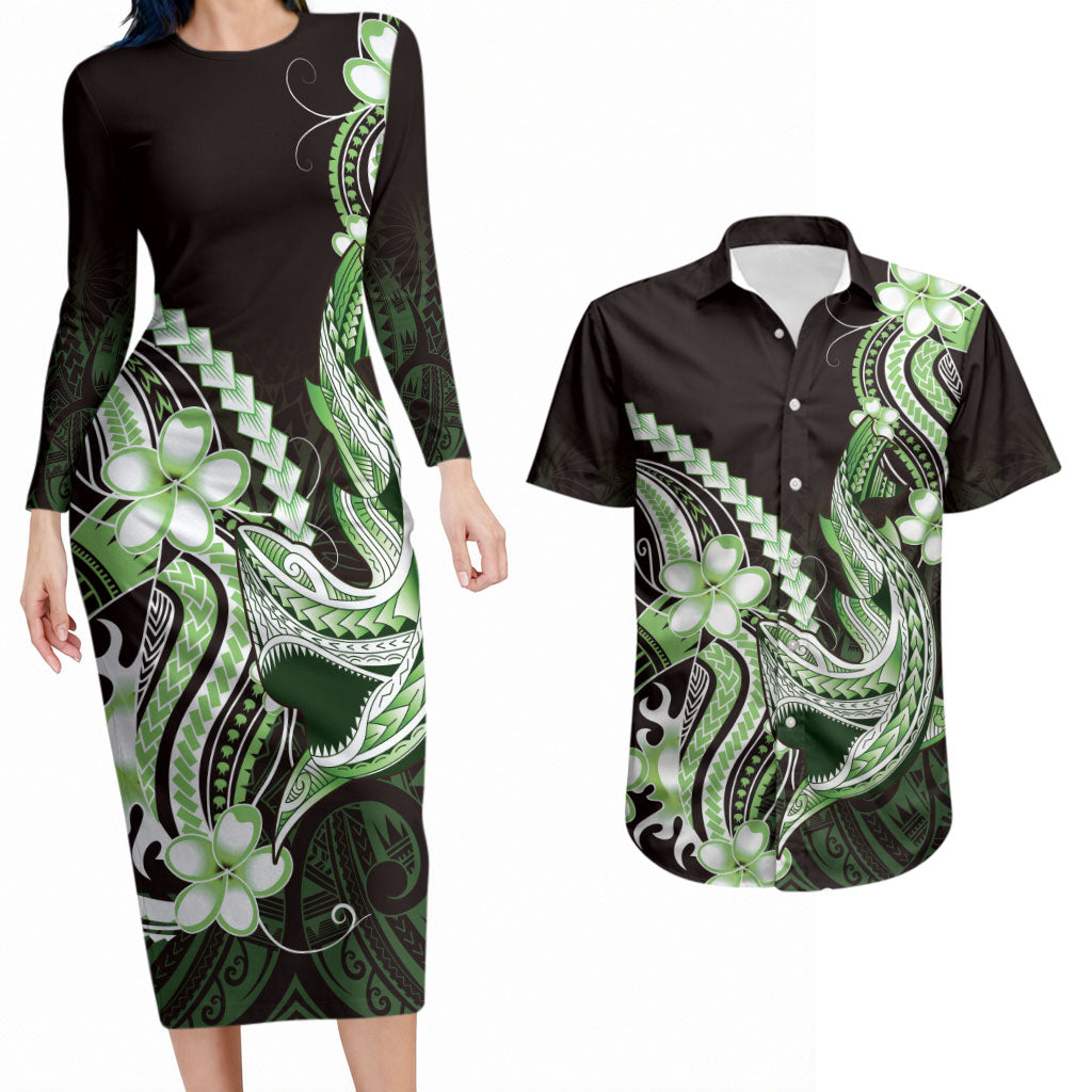 Green Black Aloha Hawaii Couples Matching Long Sleeve Bodycon Dress and Hawaiian Shirt Polynesian Shark Tattoo Plumeria LT14 Green - Polynesian Pride