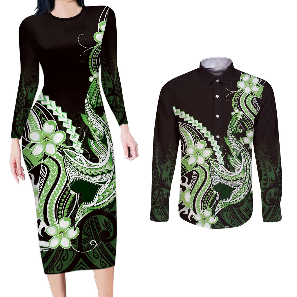 Green Black Aloha Hawaii Couples Matching Long Sleeve Bodycon Dress and Long Sleeve Button Shirt Polynesian Shark Tattoo Plumeria LT14 Green - Polynesian Pride