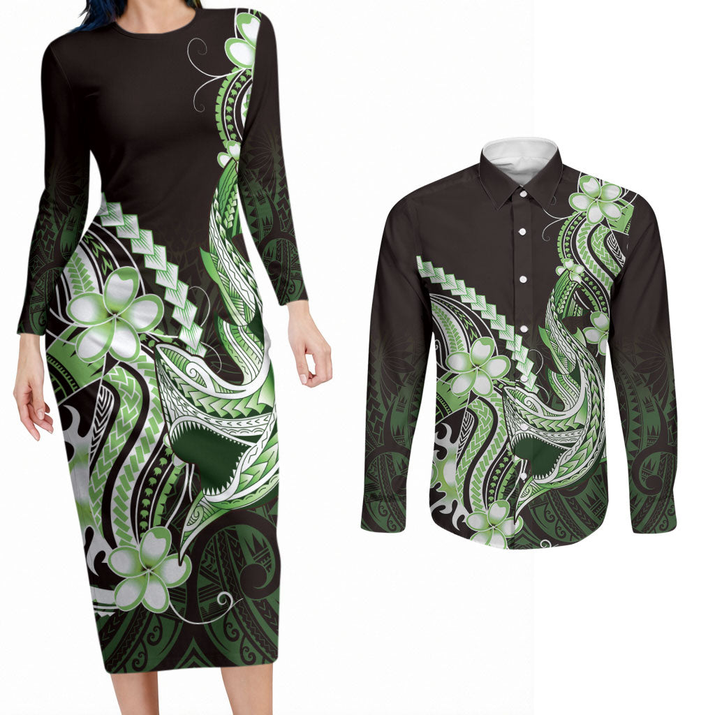 Green Black Aloha Hawaii Couples Matching Long Sleeve Bodycon Dress and Long Sleeve Button Shirt Polynesian Shark Tattoo Plumeria LT14 Green - Polynesian Pride