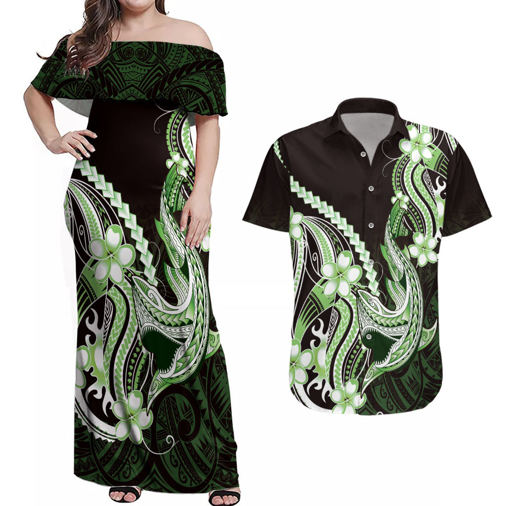 Green Black Aloha Hawaii Couples Matching Off Shoulder Maxi Dress and Hawaiian Shirt Polynesian Shark Tattoo Plumeria LT14 Green - Polynesian Pride