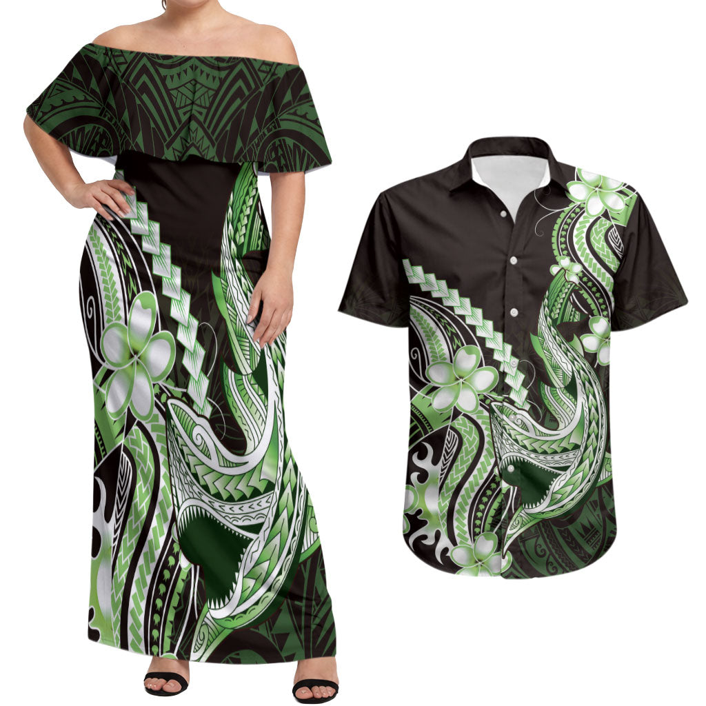 Green Black Aloha Hawaii Couples Matching Off Shoulder Maxi Dress and Hawaiian Shirt Polynesian Shark Tattoo Plumeria LT14 Green - Polynesian Pride